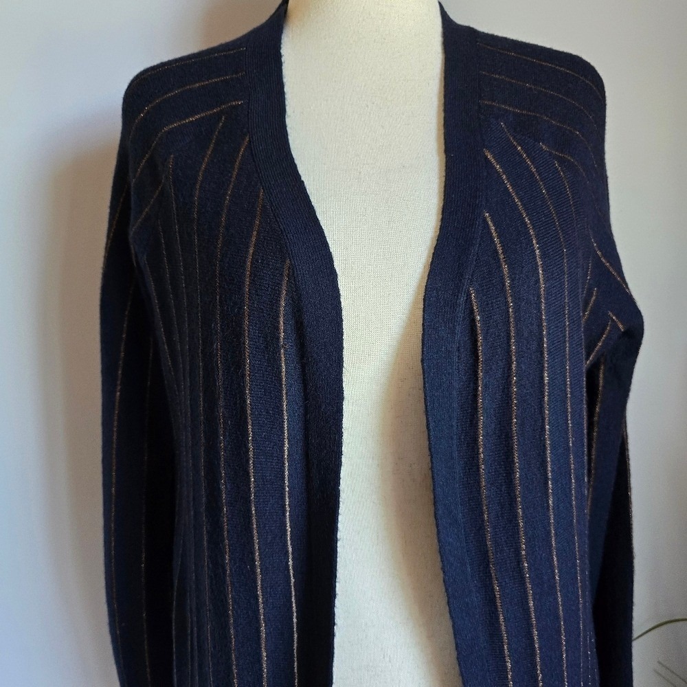 FRNCH Paris Navy Gold Shimmer Stripe Open Front Cardi Sweater SZ Medium Preppy - Picture 5 of 10